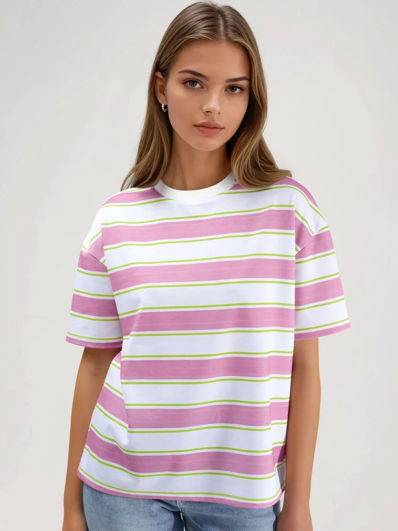 HICCUP Striped Crew Neck Oversized T-Shirt