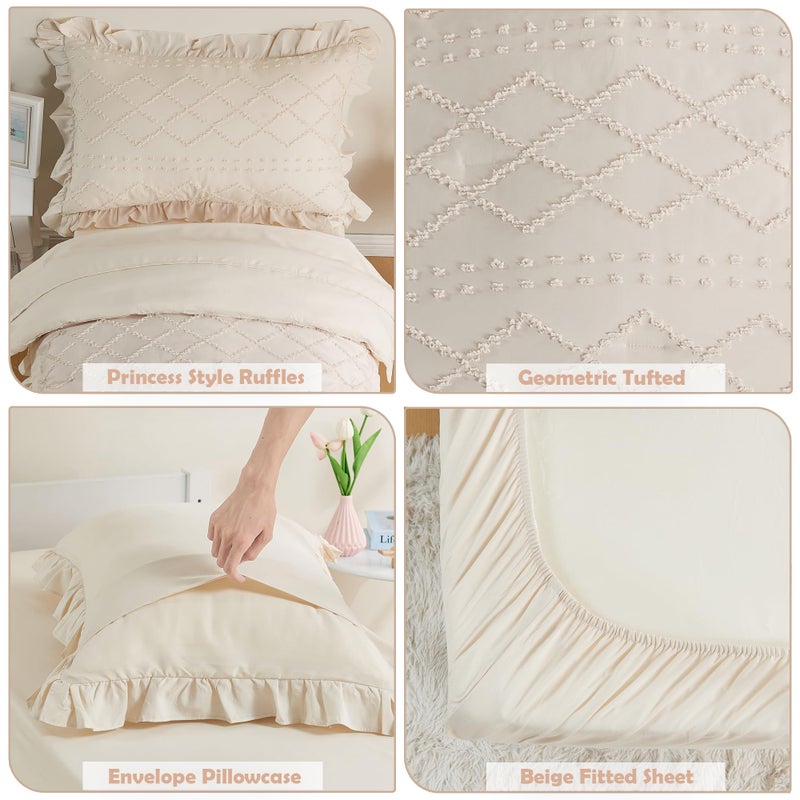 Cozyholy Toddler Bedding Set - 4 Piece Beige Boho Crib Bedding Set for Girls Tufted Bed Comforter Set with Ruffles Toddler Bed Set, Include Comforter, Flat Sheet, Fitted Sheet, Pillowcase - Image 5