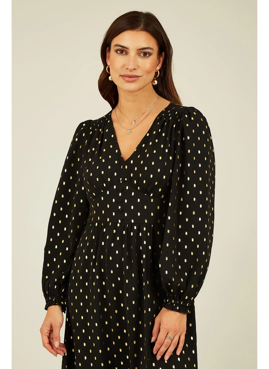 يامي Foil Print Long Sleeve Midi Dress