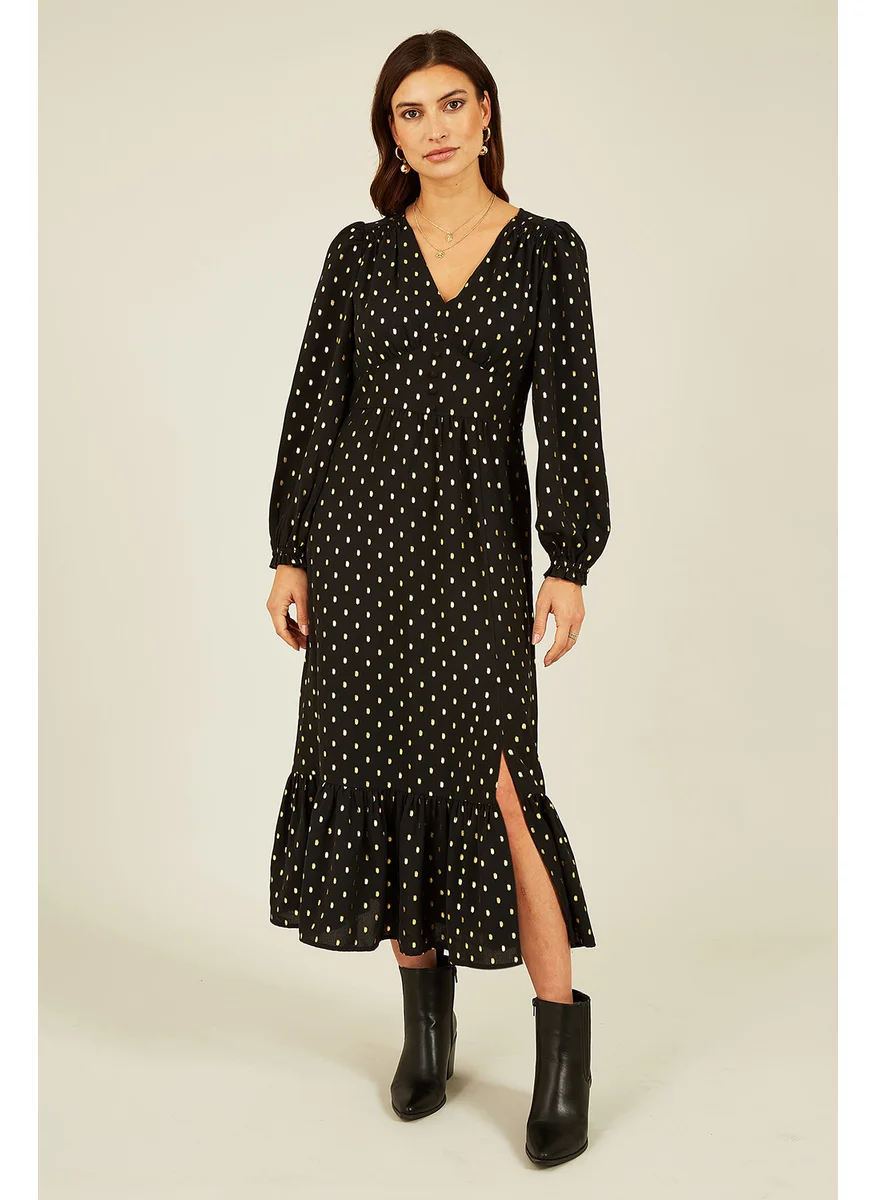 يامي Foil Print Long Sleeve Midi Dress