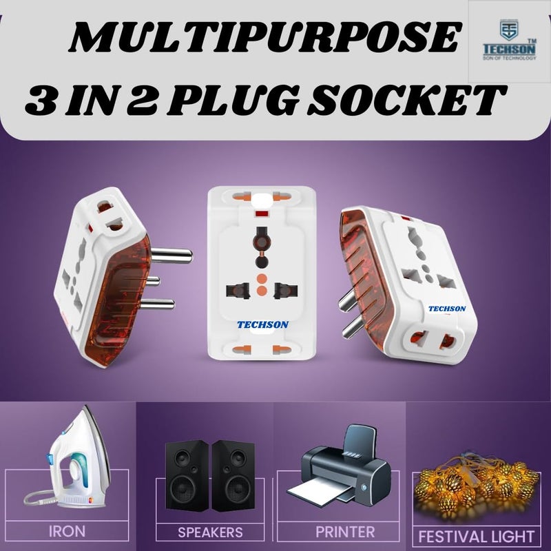 TECHSON TECHSON 6A 3 Pin Multi Plug Socket Travel Adapter with Universal Socket 3 Pin Multi Plug Extension Socket Pack of 4 White and Red  - Image 2