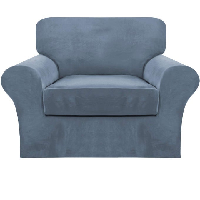 2 PIECE CHAIR SOFA COVERS VELVET FOR LIVING ROOM SLIPCOVERS WITH INDIVIDUAL CUSHION ELASTIC FURNITURE PROTECTOR FOR PETS MACHINE WASHABLE ARMCHAIR STONE BLUE