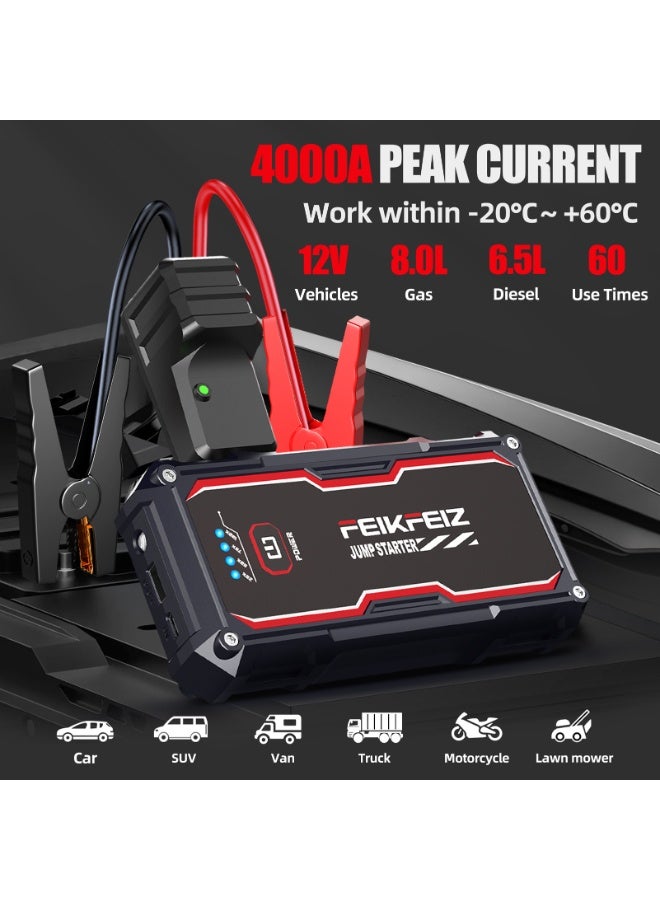 FEIKFEIZ 3-in-1 Portable Car Jump Starter 4000A Peak 21800mAh, Supports 8.0L Gasoline/6.5L Diesel Vehicles, 12V Battery Jumper Starter with USB Charge Output Port, Smart Jumper Cables, LED Flashlight. - Image 2