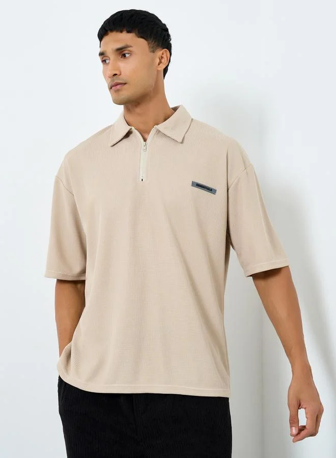 Styli Men Solid Cream Oversized Polo T-Shirt