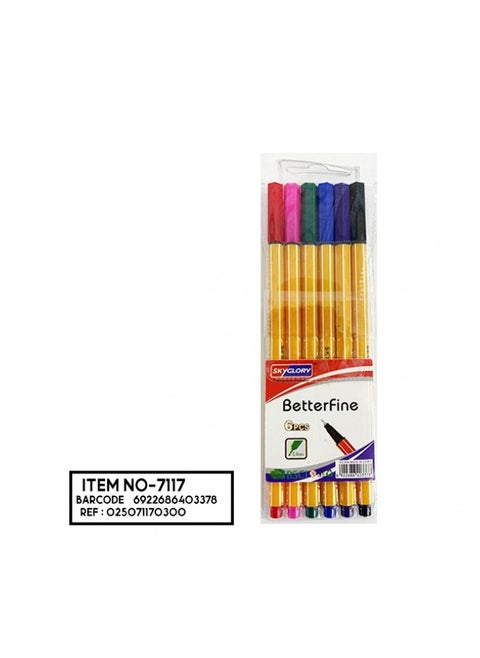 Sky Glory Better Fine 0.4 mm Pen, Set of 6 Colors - No:SG854