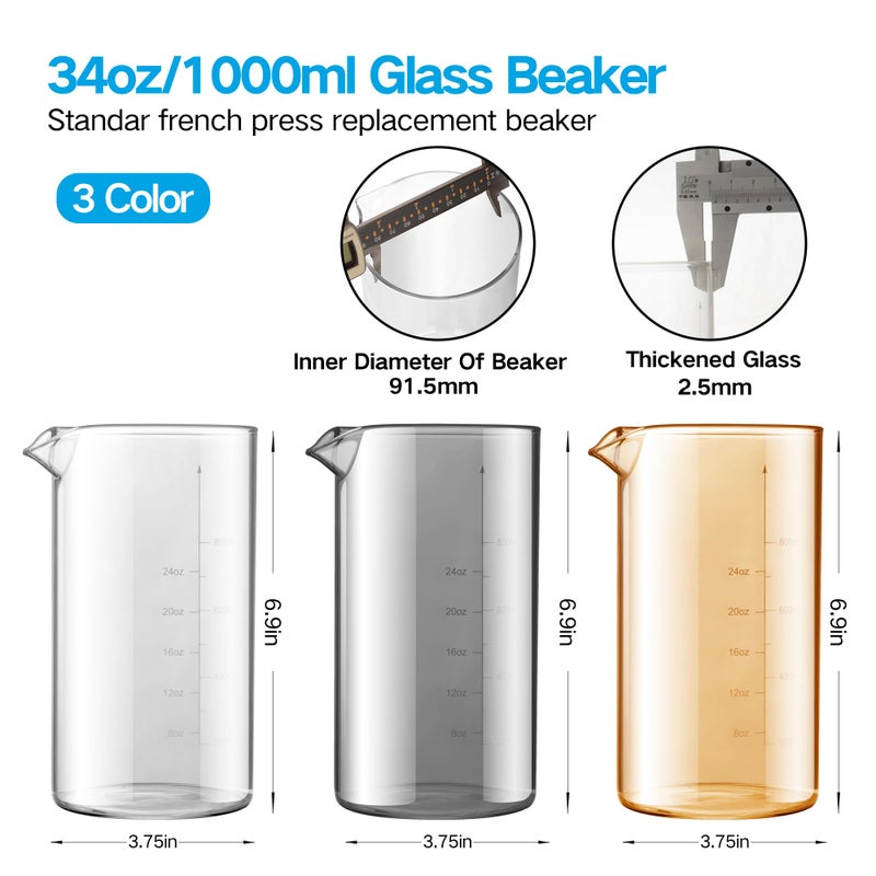 YMMIND Standard Universal Design 34 oz French Press Replacement Glass Beaker, Fits Most Brands French Press Coffee Makers (1Quart / 1000ml / 5-6 Cup) Coffee Press Borosilicate Glass Water Bottle (Grey) - Image 3