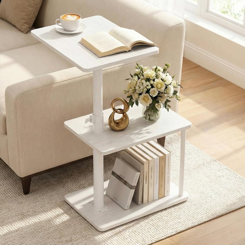 Faesun 360Â° Swivel Side Table for Height Adjustable, C Shaped End Table for Couch with Storage, 3-Tier Night Stand with Open Shelf, Tv Tray for Small Spaces, Living Room, Bedroom, White - Image 1