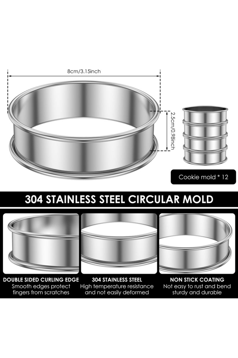 8 سم، 12 قطعة، حلقات مافن إنجليزي، حلقات كرامبيت من الفولاذ المقاوم للصدأ، حلقات تارت غير لاصقة، ملفوفة مرتين