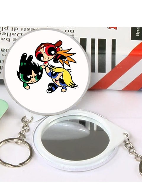 Circular cartoon keychain designed with Powerpuff Girls characters wonderful keychain with reflective mirror on the back