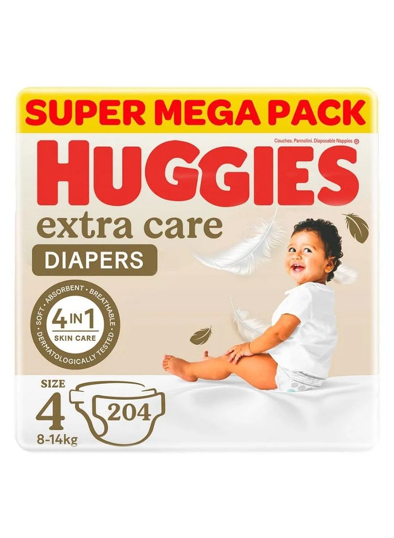 هجيز حفاضات هاجيز إكسترا كير اللاصقة لعلاج التهاب الجلد، عبوة ضخمة من 204 قطعة، مقاس 4، وزن 8-14 كجم - حماية تدوم 12 ساعة، معتمدة من أطباء الجلدية، تسمح بمرور الهواء - Image 1