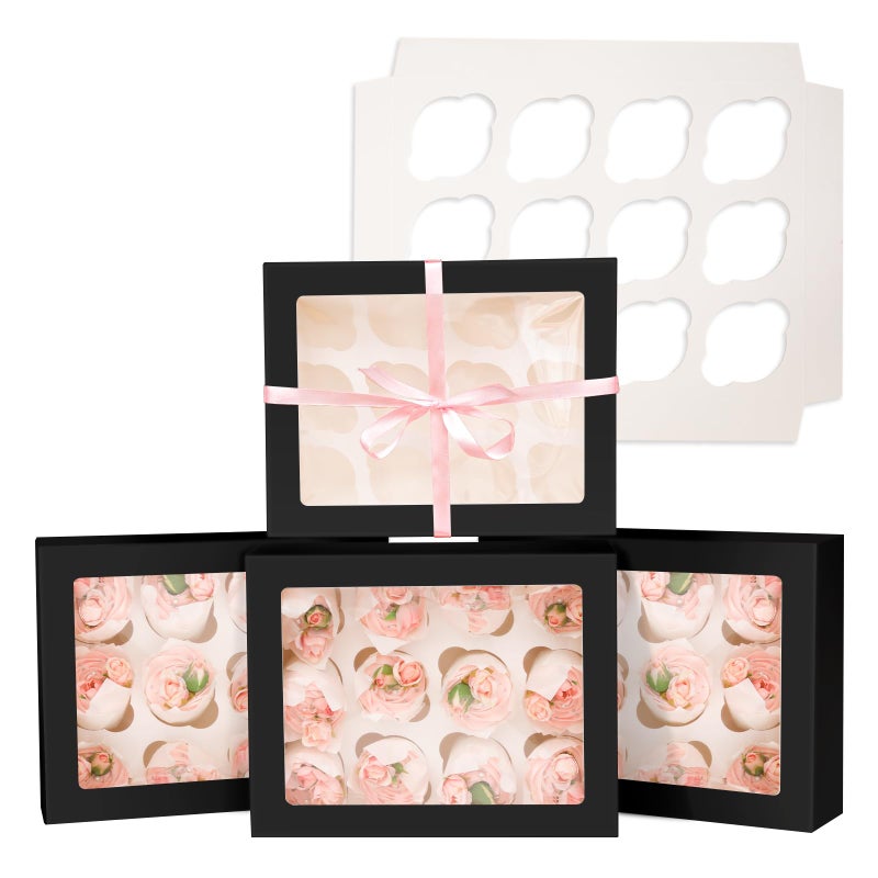 Bakepacker 12 Cupcake Containers 6-Packs Black Cupcakes Carrier, 12 Cupcake Boxes with Window 13"x10"x3.5" - Image 1