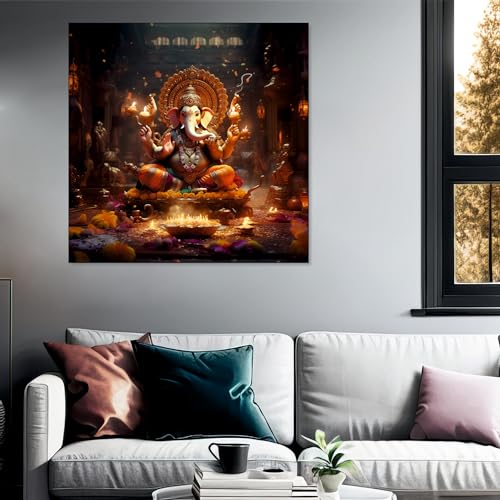 The Castle Decor Ganeshji Painting with Frame Big Size (24X24) Wall Art for Living Room, Bedroom, Drawing Room, Hotels-Wooden Framed-Digital Painting - Image 2