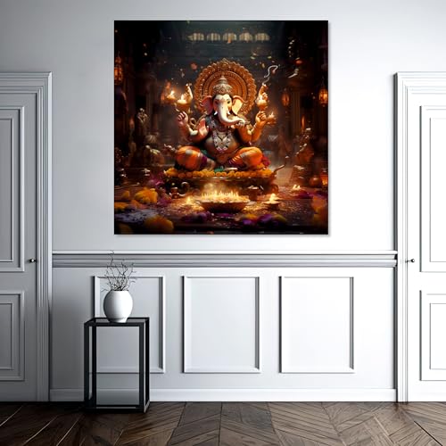The Castle Decor Ganeshji Painting with Frame Big Size (24X24) Wall Art for Living Room, Bedroom, Drawing Room, Hotels-Wooden Framed-Digital Painting - Image 1