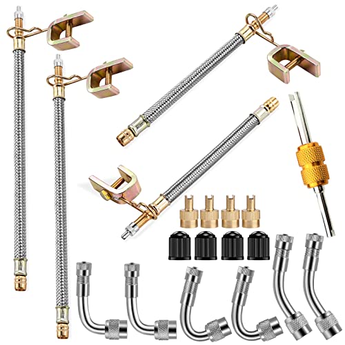 Aracey Valve Stem Extenders,4Pcs 7Inch and 12 Inch Dual Flexible Stainless Steel Braided Valve Stem Extensions,6Pieces 45 90 135 Degree Brass Valve Adaptors for Car Truck Motorhome Trailer RV Trucks - Image 1