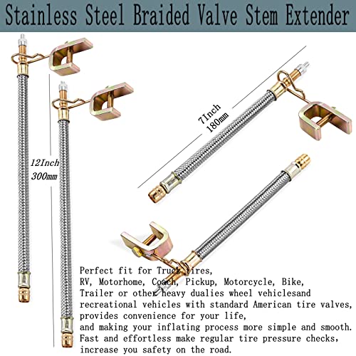 Aracey Valve Stem Extenders,4Pcs 7Inch and 12 Inch Dual Flexible Stainless Steel Braided Valve Stem Extensions,6Pieces 45 90 135 Degree Brass Valve Adaptors for Car Truck Motorhome Trailer RV Trucks - Image 3