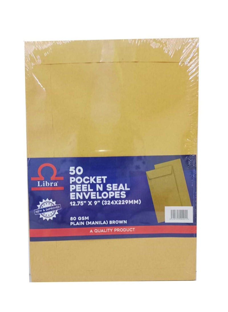 Libra A4 Brown Envelopes 12.75×9 – 80GSM (Peel & Seal 50 Pieces Box) - Image 1