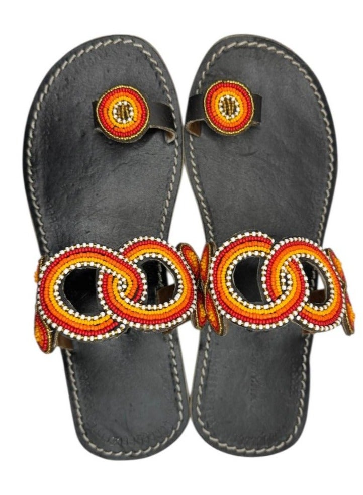 Afro Melanin Handmade Beaded Leather Sandals – Bold, African-Inspired Women's Flats | Ethnic Boho Slip-Ons for Summer & Beach Vibes