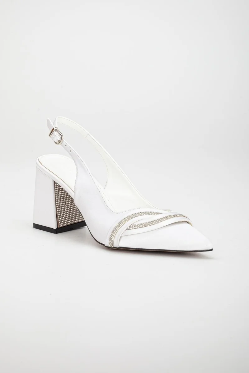 Dilimler Ayakkabı Dilimler Shoes Satin Helmet Stoned White Large Size Women's Shoes Heeled Evening Dress