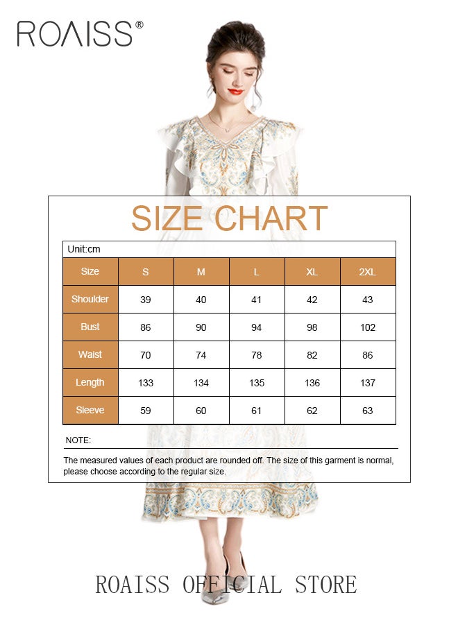 roaiss - Ladies Dress Long Sleeve Ruffle Vintage V Neck Linen Advanced Fashion Print Dress for Ladies Ramadan Eid al-Adha - Image 1