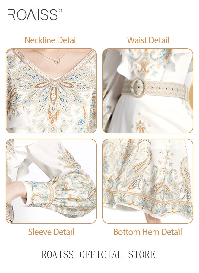 roaiss - Ladies Dress Long Sleeve Ruffle Vintage V Neck Linen Advanced Fashion Print Dress for Ladies Ramadan Eid al-Adha - Image 1