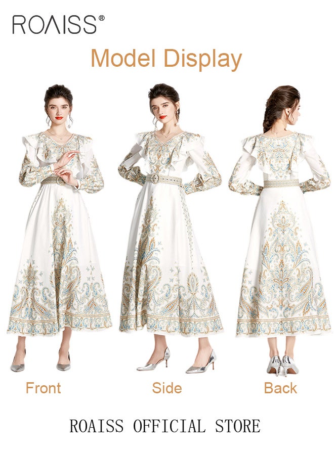 roaiss - Ladies Dress Long Sleeve Ruffle Vintage V Neck Linen Advanced Fashion Print Dress for Ladies Ramadan Eid al-Adha - Image 1