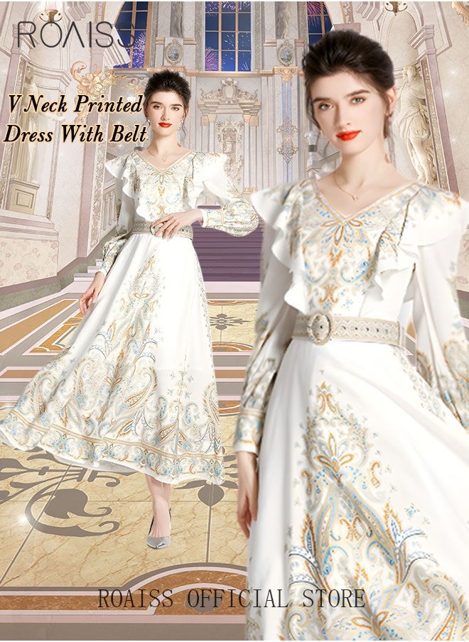 roaiss - Ladies Dress Long Sleeve Ruffle Vintage V Neck Linen Advanced Fashion Print Dress for Ladies Ramadan Eid al-Adha - Image 1