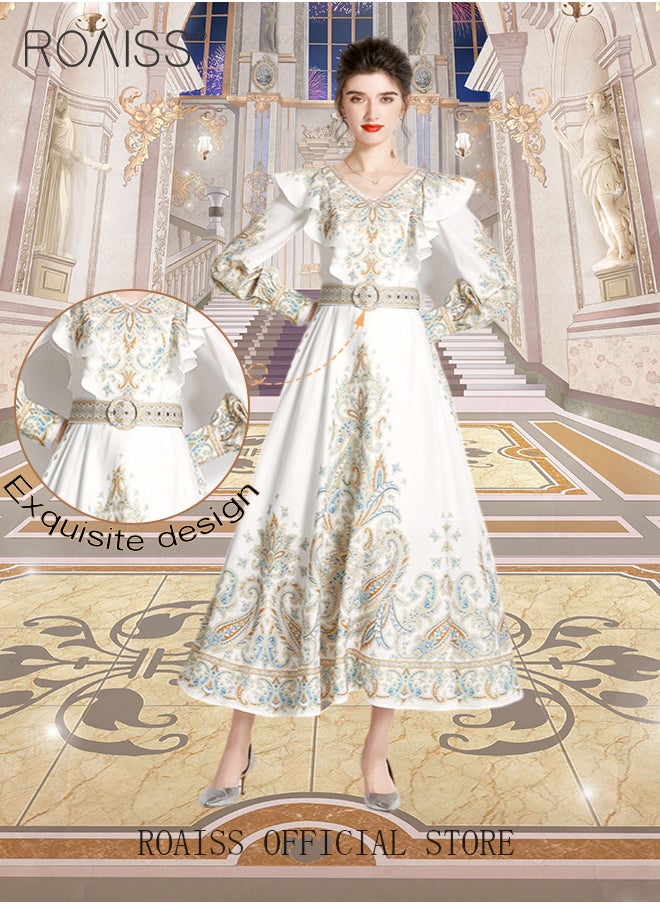roaiss - Ladies Dress Long Sleeve Ruffle Vintage V Neck Linen Advanced Fashion Print Dress for Ladies Ramadan Eid al-Adha - Image 1