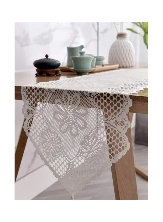 الجيموسي مفرش طاولة من الدانتيل القطني الأبيض - 114 × 33 سم بتصميم زهري مجوف، مفرش طاولة أنيق لخزانة الملابس أو السفرة - Image 2