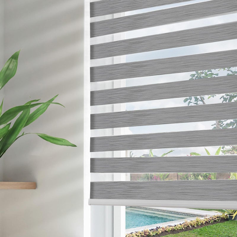 Joydeco Cordless Zebra Blinds for Windows Dual Layer FreeStop Zebra Shades Privacy Light Control for Day and Night Light Filtering Sheer Blinds for Indoor Windows Grey 34 W x 75 H