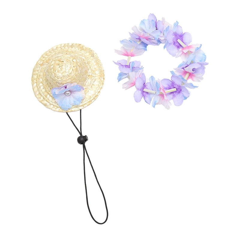 Violet Straw Hat And Garland Set For Dogs And Cats Lightweight Beach Party Accessories - Image 2