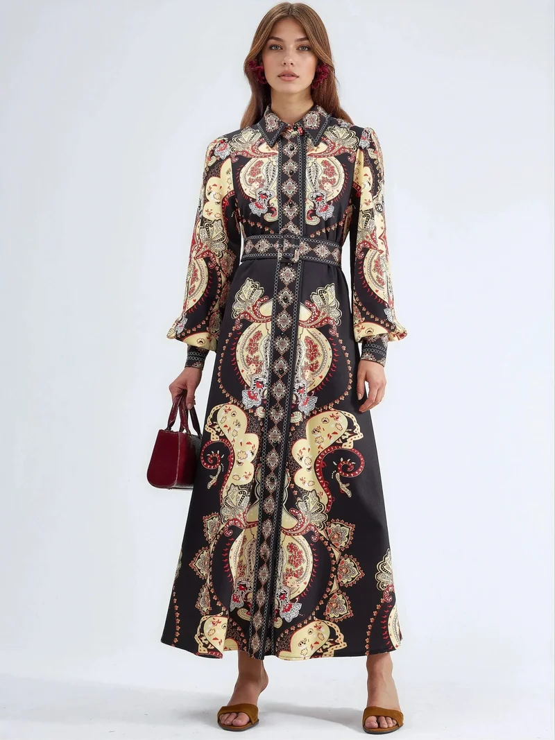 جينيفر Patterned Maxi Dress with Belt
