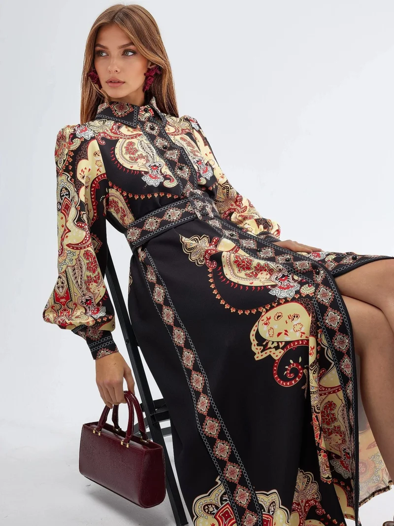 جينيفر Patterned Maxi Dress with Belt