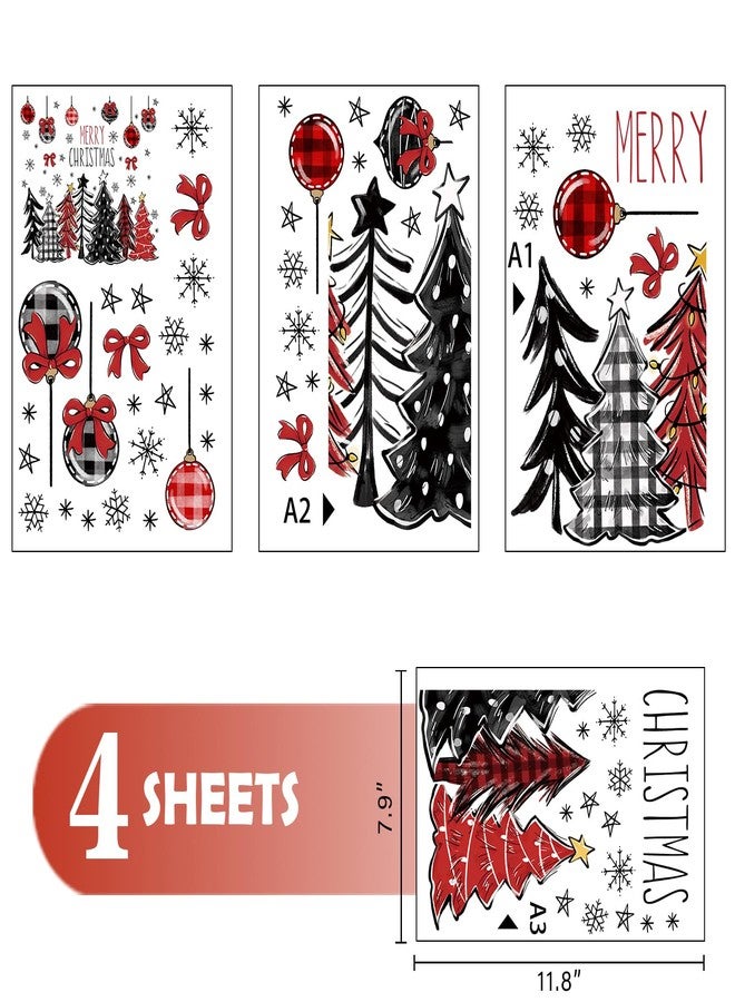 Mfault Merry Christmas Tree Window Clings, Xmas Balls Bow Red Black Buffalo Plaid Polka Dots Stickers Decals Decorations, Winter Holiday Ribbons Snowflakes Stars Home Kitchen Decor - Image 2