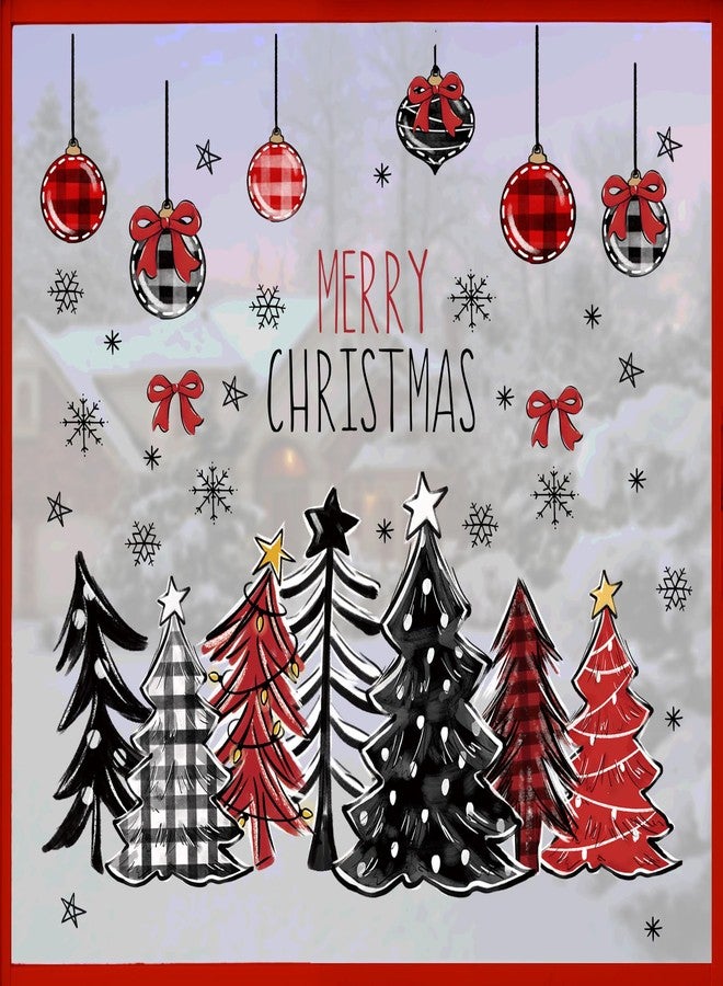 Mfault Merry Christmas Tree Window Clings, Xmas Balls Bow Red Black Buffalo Plaid Polka Dots Stickers Decals Decorations, Winter Holiday Ribbons Snowflakes Stars Home Kitchen Decor - Image 1