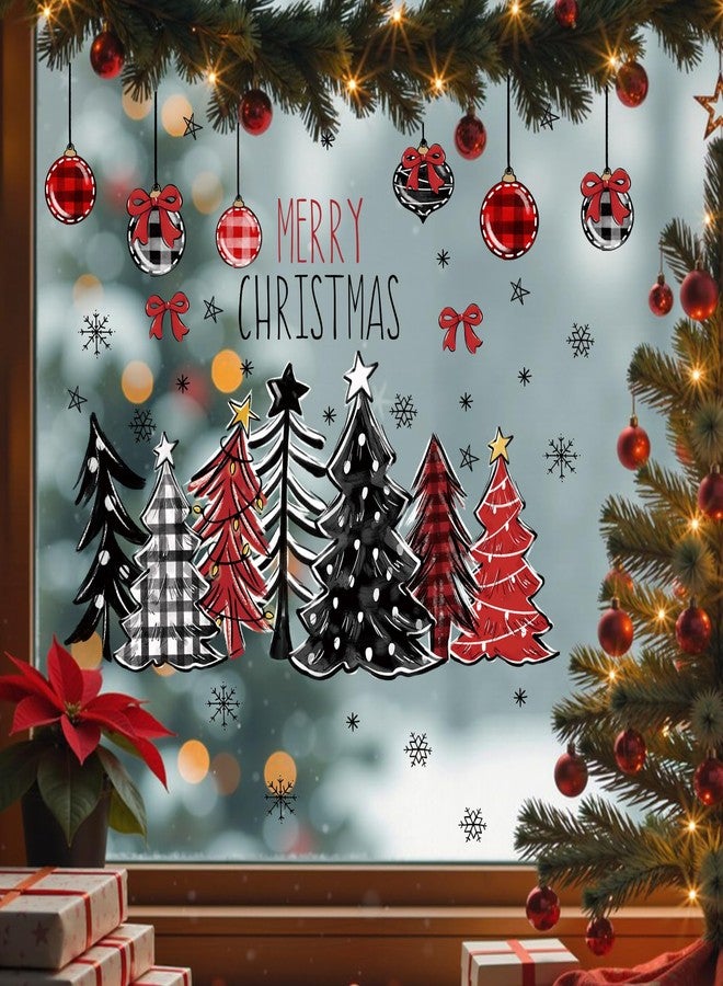 Mfault Merry Christmas Tree Window Clings, Xmas Balls Bow Red Black Buffalo Plaid Polka Dots Stickers Decals Decorations, Winter Holiday Ribbons Snowflakes Stars Home Kitchen Decor - Image 3