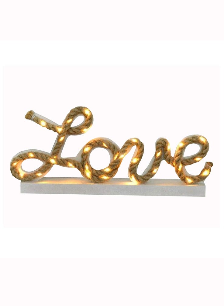 Salla LOVE Light Up Sign Rope Writing White Wood with Yellow LED Lights Valentine’s Gift 30x13cm - Image 1