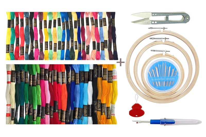 TE Embroidery Kit with Wooden Hoop Ring 6,7,8 Inches, Multicolor Threads, 30 Needles, 1 Seam Ripper, 1 Threader and 1 Thread Cutter for Cross Stitch (Emb. kit 1st & 4th aati) - Image 1