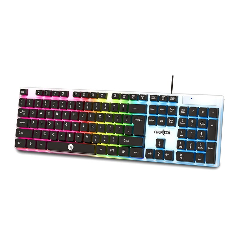 FRONTECH Wired Gaming Keyboard with 104 Keys | Rainbow Backlight Effect | Membrane Keys with Retractable Stands | USB Plug & Play | Ergonomic Design | Easy to Use (KB-0042, White & Black) - Image 1