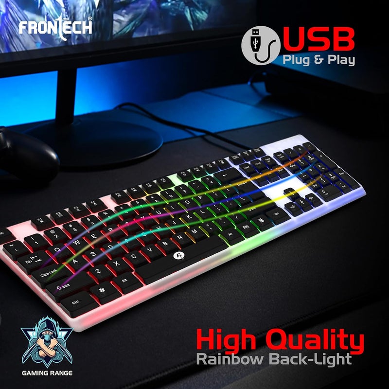 FRONTECH Wired Gaming Keyboard with 104 Keys | Rainbow Backlight Effect | Membrane Keys with Retractable Stands | USB Plug & Play | Ergonomic Design | Easy to Use (KB-0042, White & Black) - Image 5