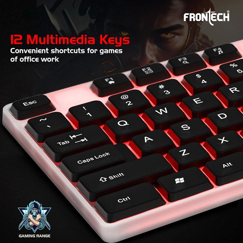 FRONTECH Wired Gaming Keyboard with 104 Keys | Rainbow Backlight Effect | Membrane Keys with Retractable Stands | USB Plug & Play | Ergonomic Design | Easy to Use (KB-0042, White & Black) - Image 3