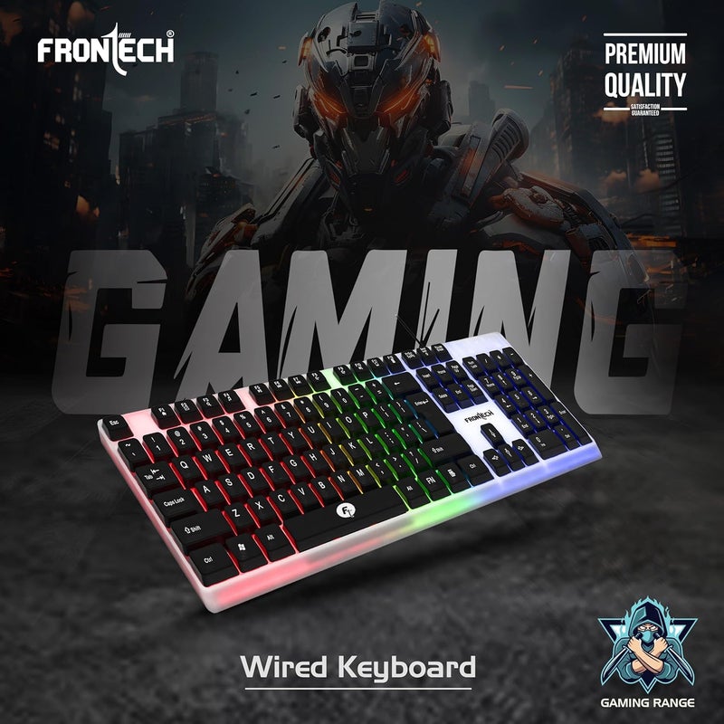 FRONTECH Wired Gaming Keyboard with 104 Keys | Rainbow Backlight Effect | Membrane Keys with Retractable Stands | USB Plug & Play | Ergonomic Design | Easy to Use (KB-0042, White & Black) - Image 2