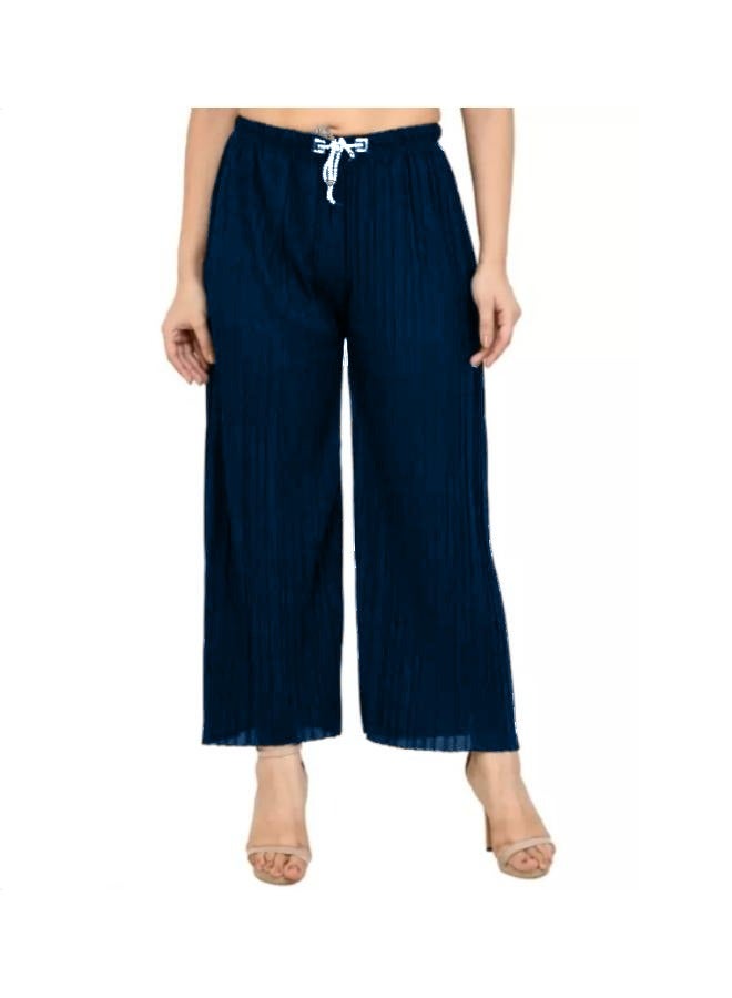 No brands المرأة مطوي عارضة واسعة الساق الكتان بنطلون مريح مرونة عالية الخصر بانت KU305 - Image 1