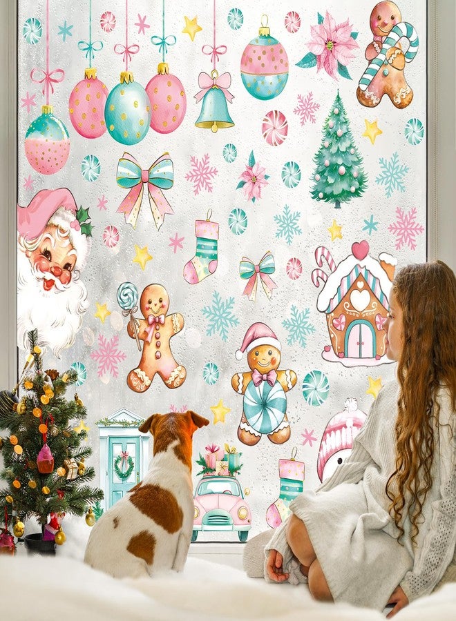 Whaline 9 Sheets Vintage Christmas Window Cling Stickers Pink Gingerbread Santa Snowman Reusable Window Decals Xmas Watercolor Windows Decoration for Winter Party Home Office Classroom - Image 4