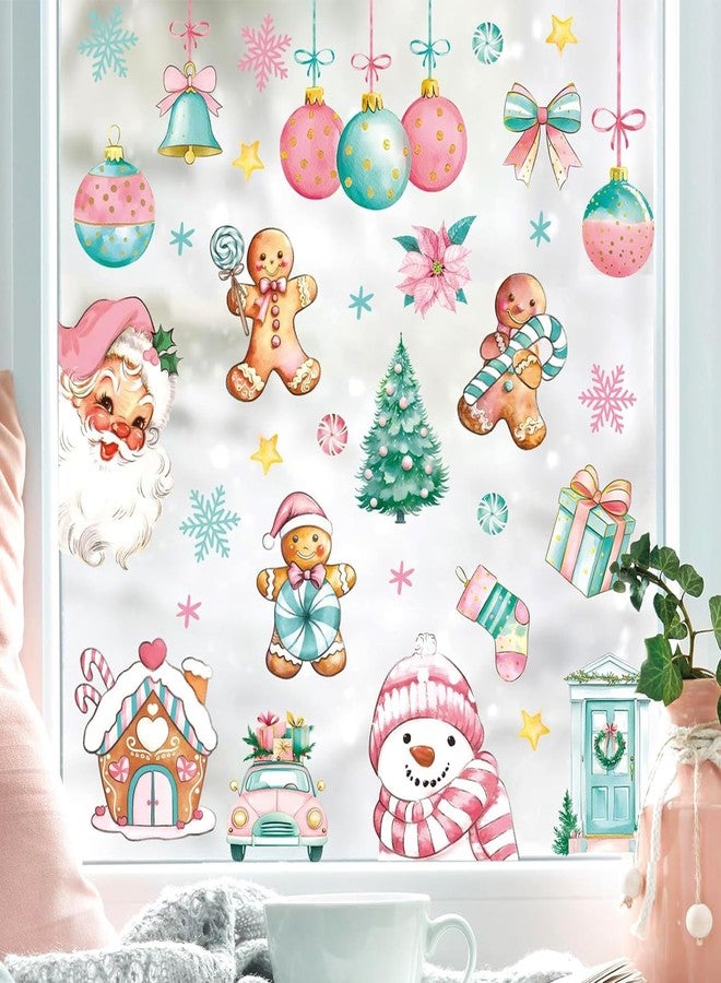 Whaline 9 Sheets Vintage Christmas Window Cling Stickers Pink Gingerbread Santa Snowman Reusable Window Decals Xmas Watercolor Windows Decoration for Winter Party Home Office Classroom - Image 1
