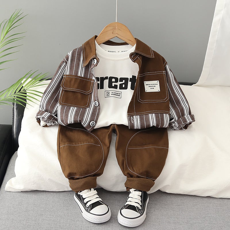 Boys Color Block Stripe Jacket Casual Set Brown - Image 3