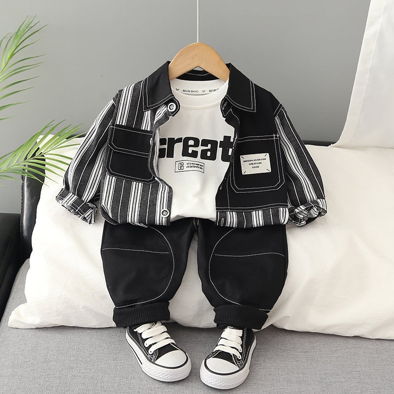 Boys Color Block Stripe Jacket Casual Set Brown - Image 4