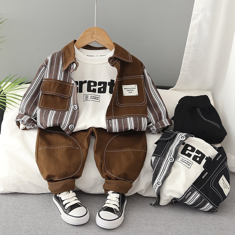 Boys Color Block Stripe Jacket Casual Set Brown - Image 2