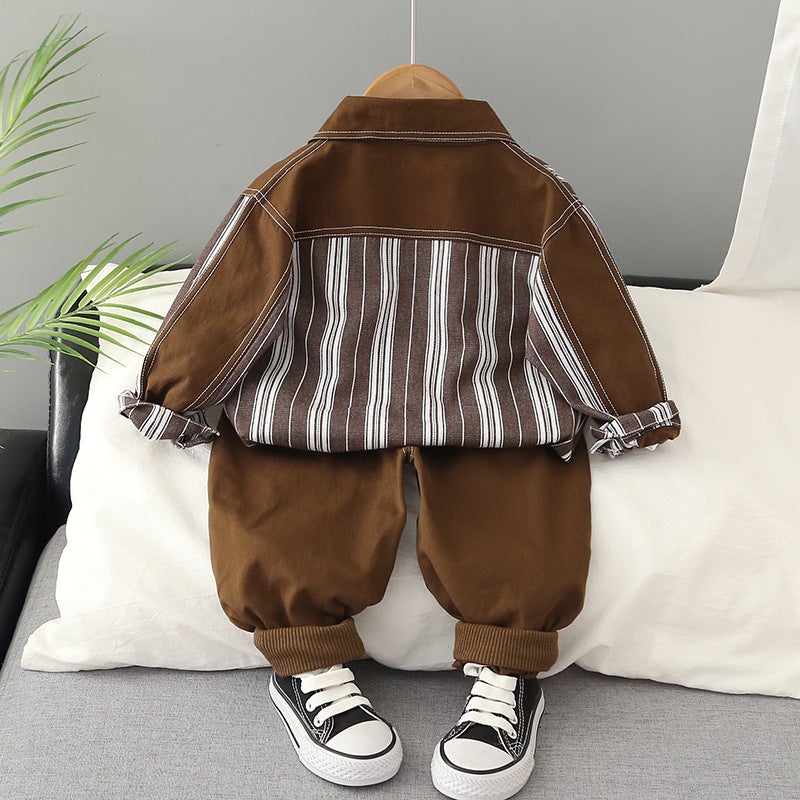 Boys Color Block Stripe Jacket Casual Set Brown - Image 5