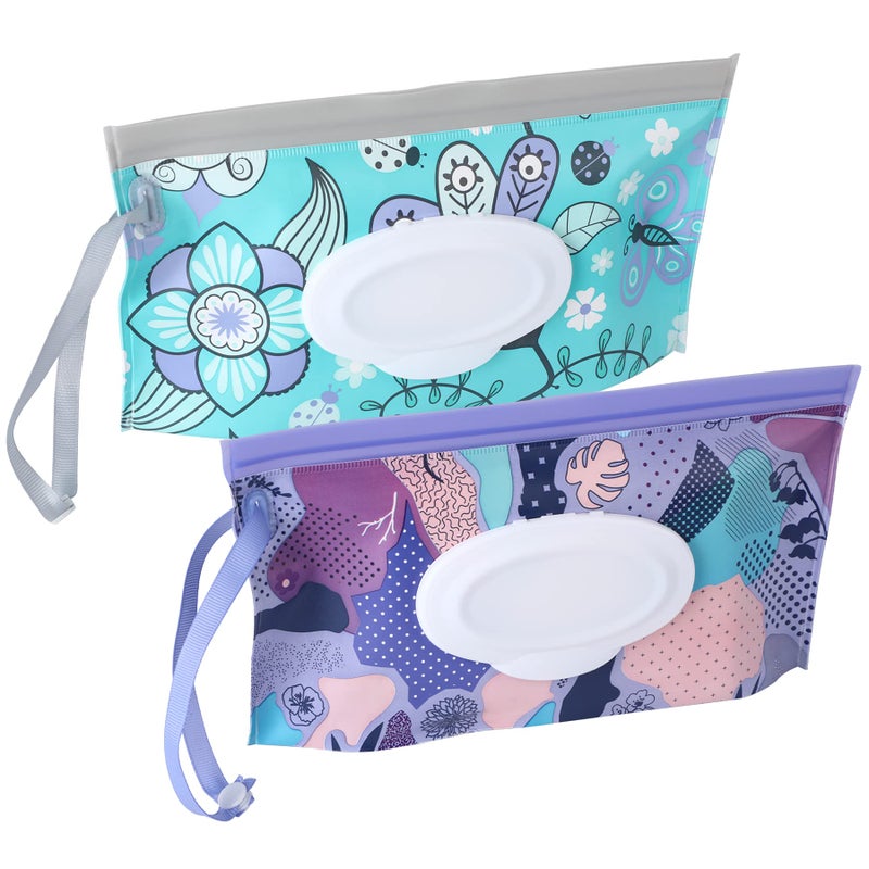 فيبسنو 2 Pack Baby Wipe Dispenser, Reusable Portable Wipe Holder, Baby Wipes Container, Travel Baby Wipes, Refillable Wet Wipe Pouch (Floral) - Image 1