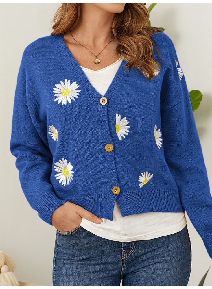 NIBEMINENT Women Knitted Cardigan Floral V Neck Full Sleeve Coat Single Breasted Sweaters Jumpers Open Stitch Autumn Winter - Image 2